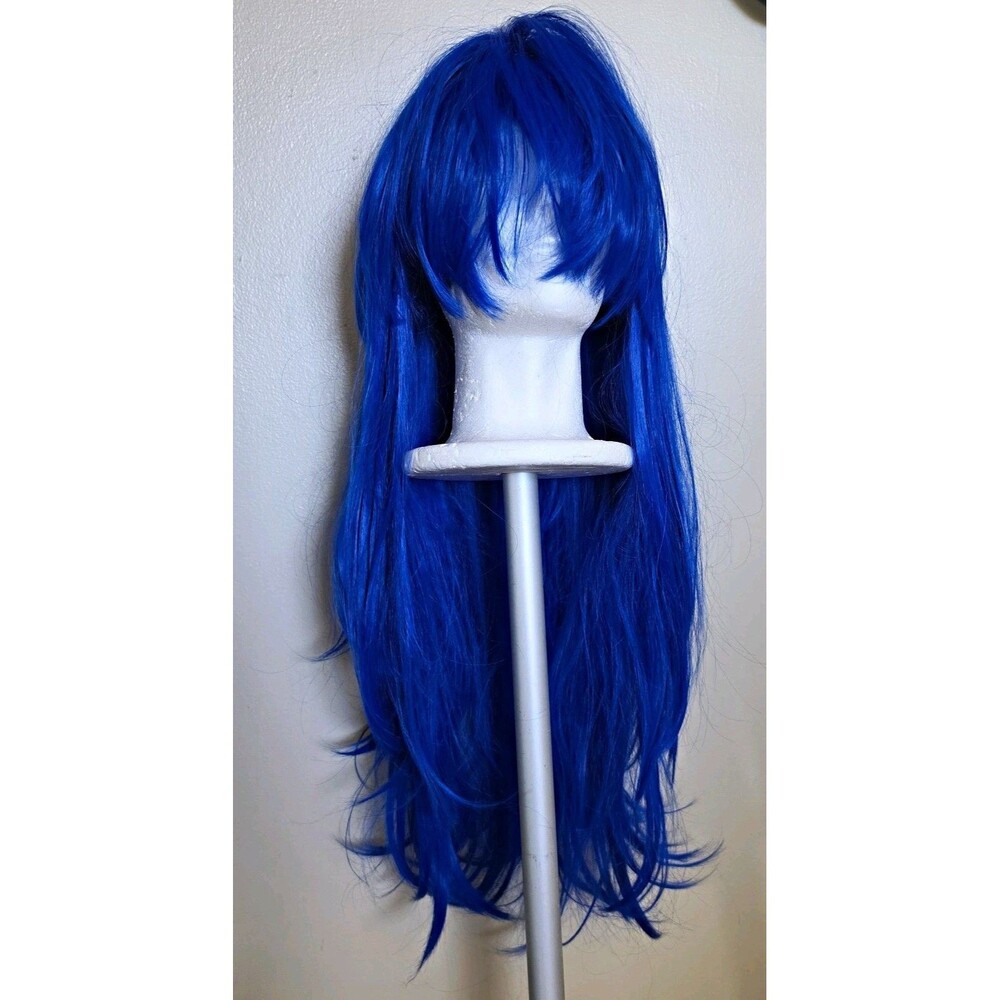 Blue Synthetic Wig 24in Long Wavy w/ Bangs Classic Cap Strap One Size